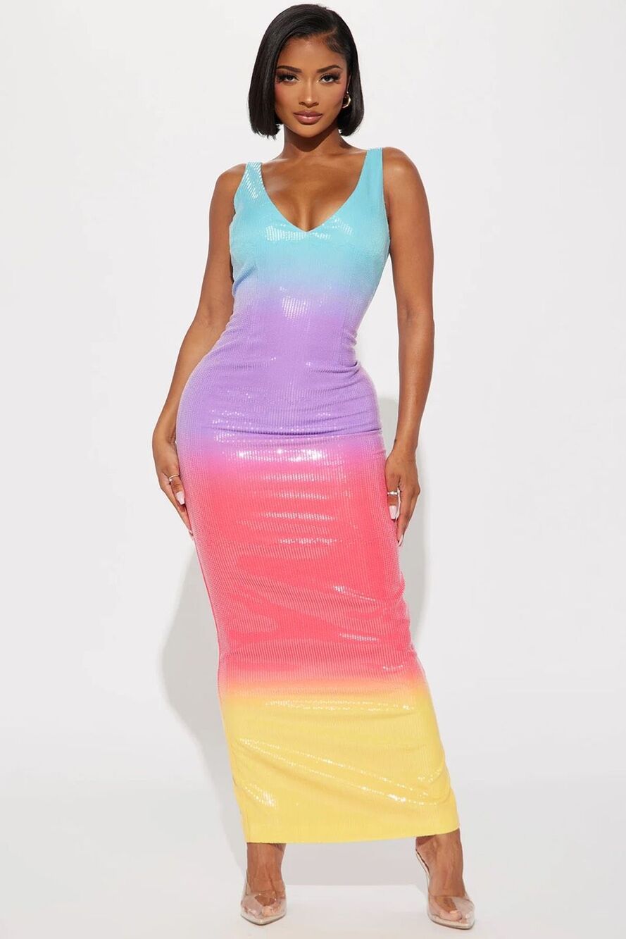 NWT Fashion Nova Makenzie Sequin Pink Ombré Rainbow Maxi Party Dress Size Small